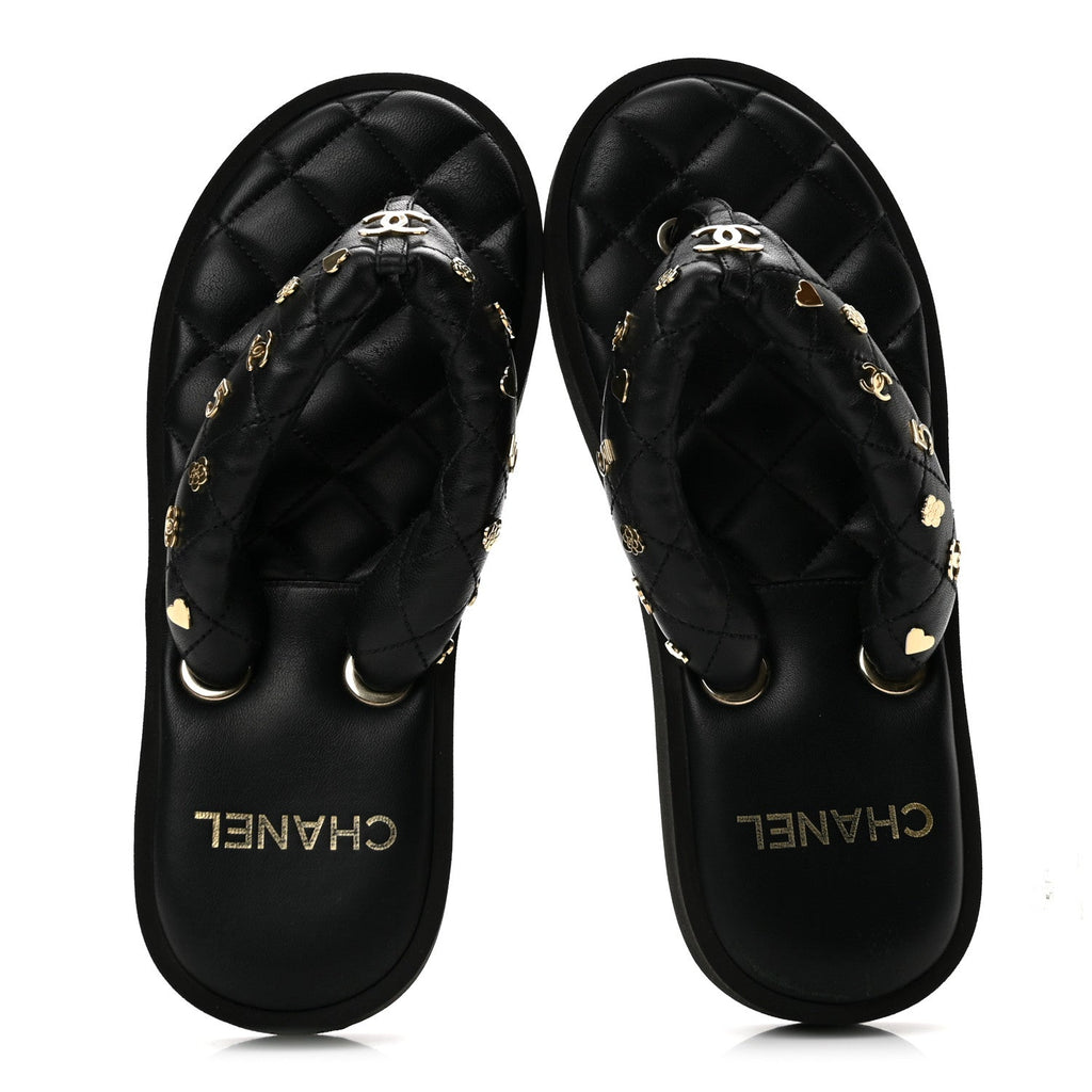 Lambskin Quilted Padded Charms Thong Sandals 38 Black