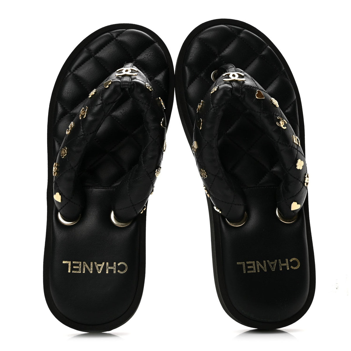 Lambskin Quilted Padded Charms Thong Sandals 38 Black