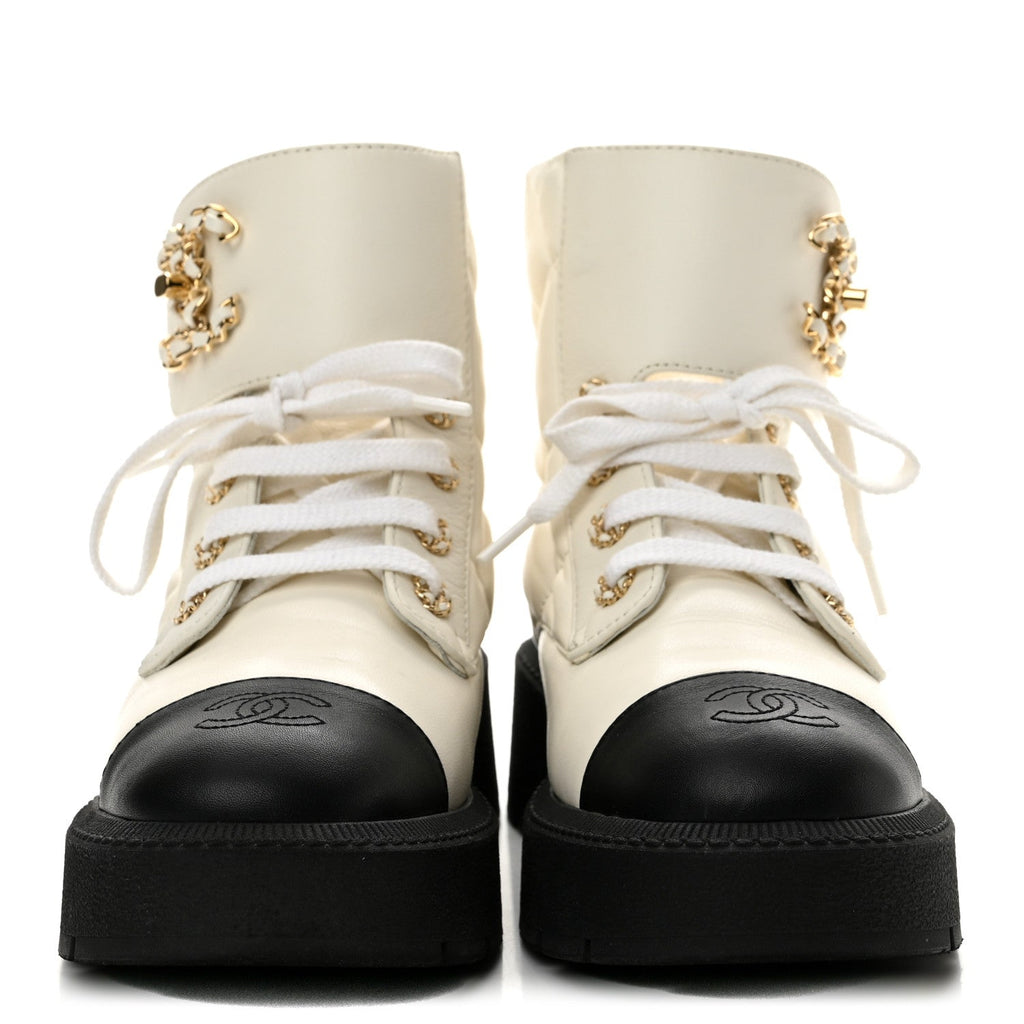 Lambskin Calfskin Quilted Lace Up Combat Boots 36.5 White Black