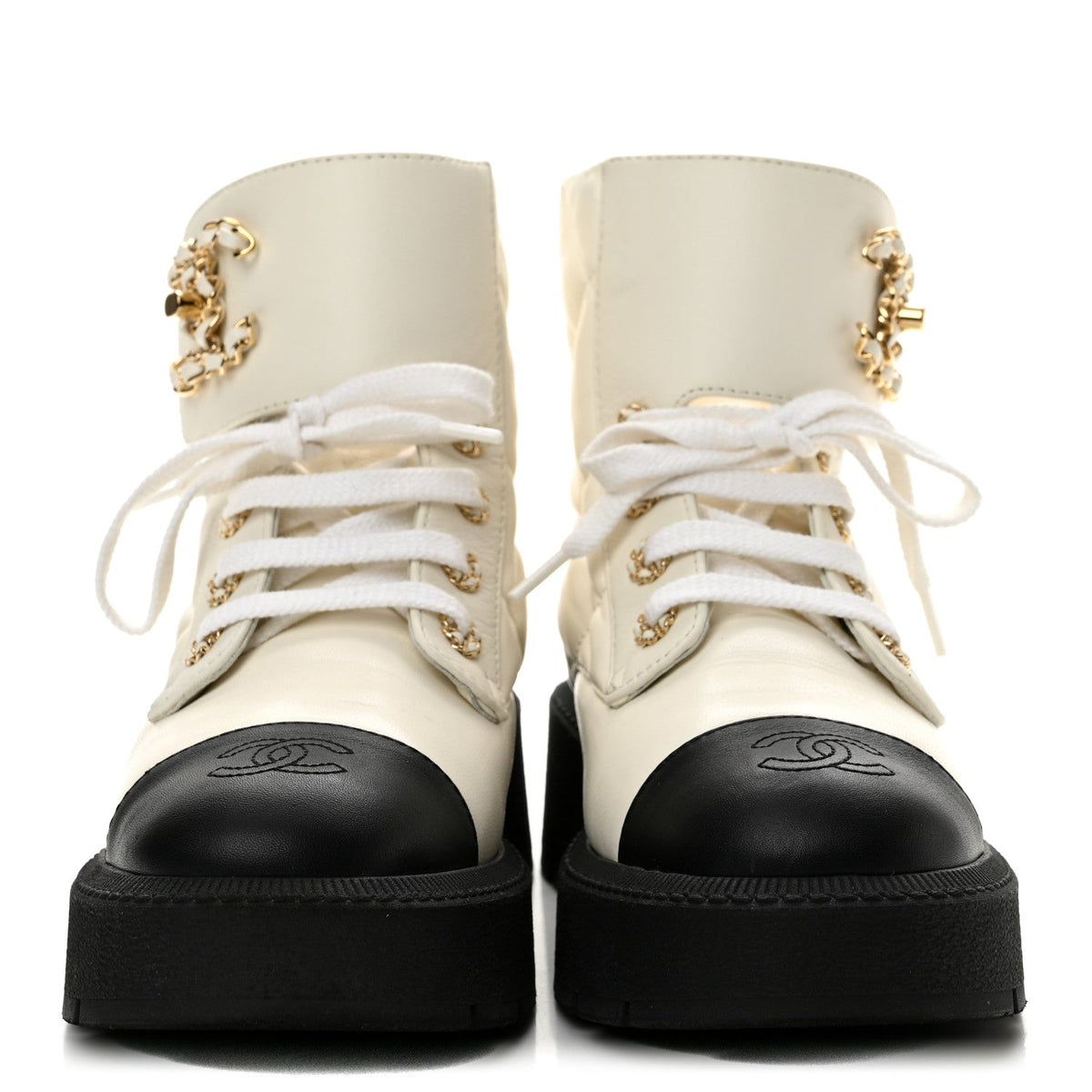 Lambskin Calfskin Quilted Lace Up Combat Boots 36.5 White Black