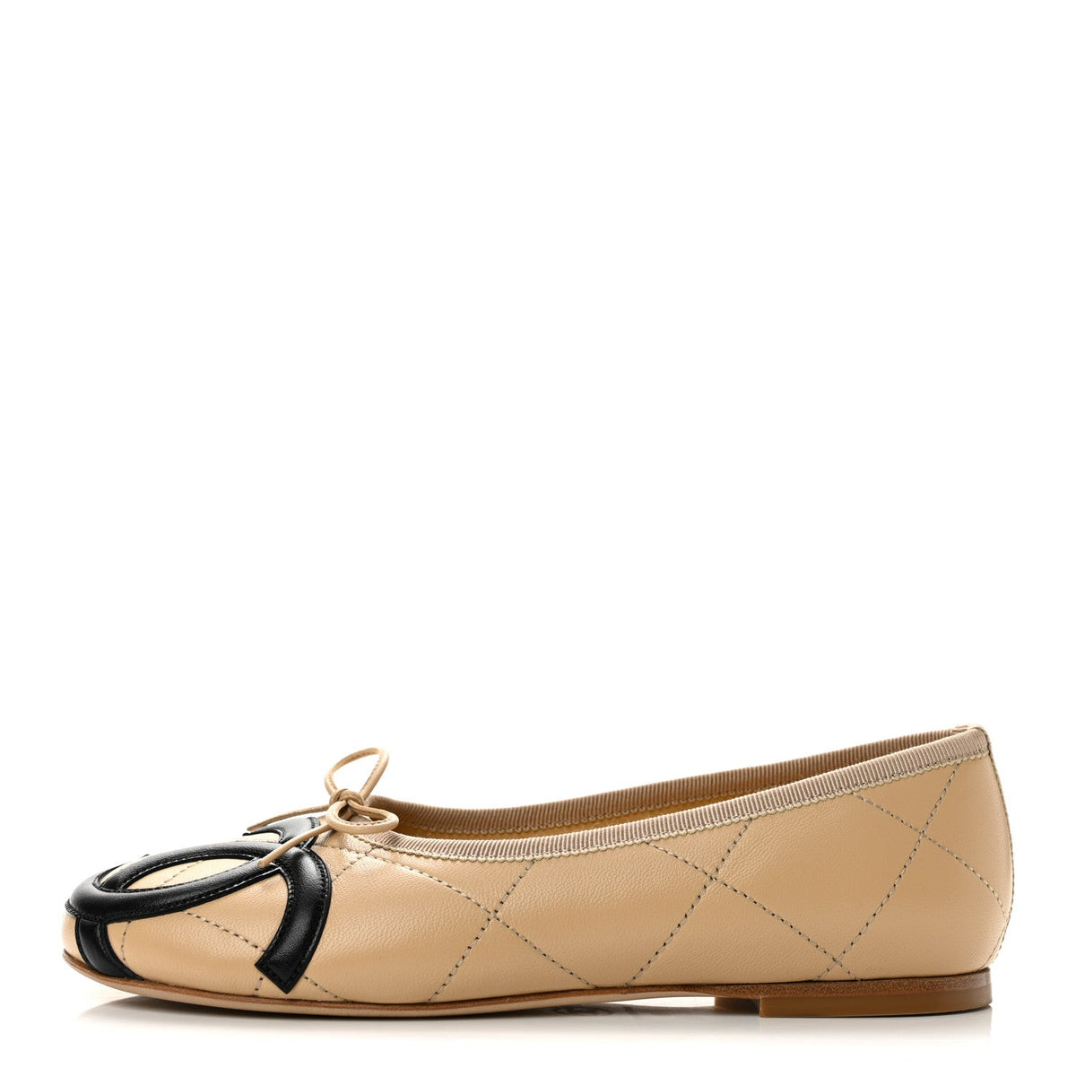Lambskin Quilted CC Cambon Ballet Flats 36 Beige Black